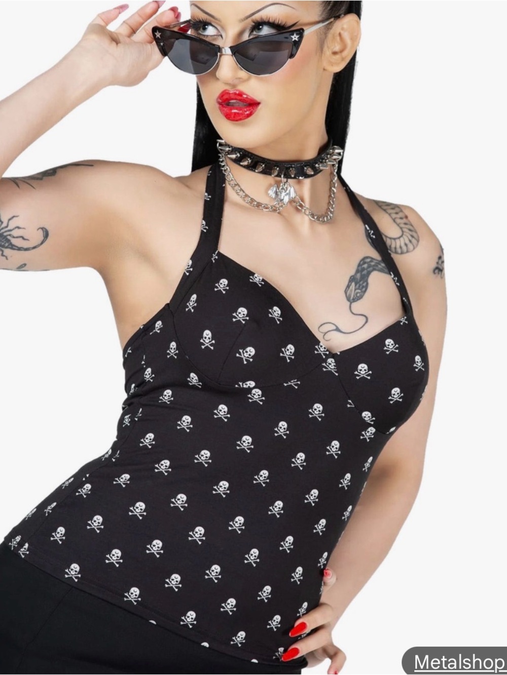 KILLSTAR Skull Print Halter Tank Top - Black & White